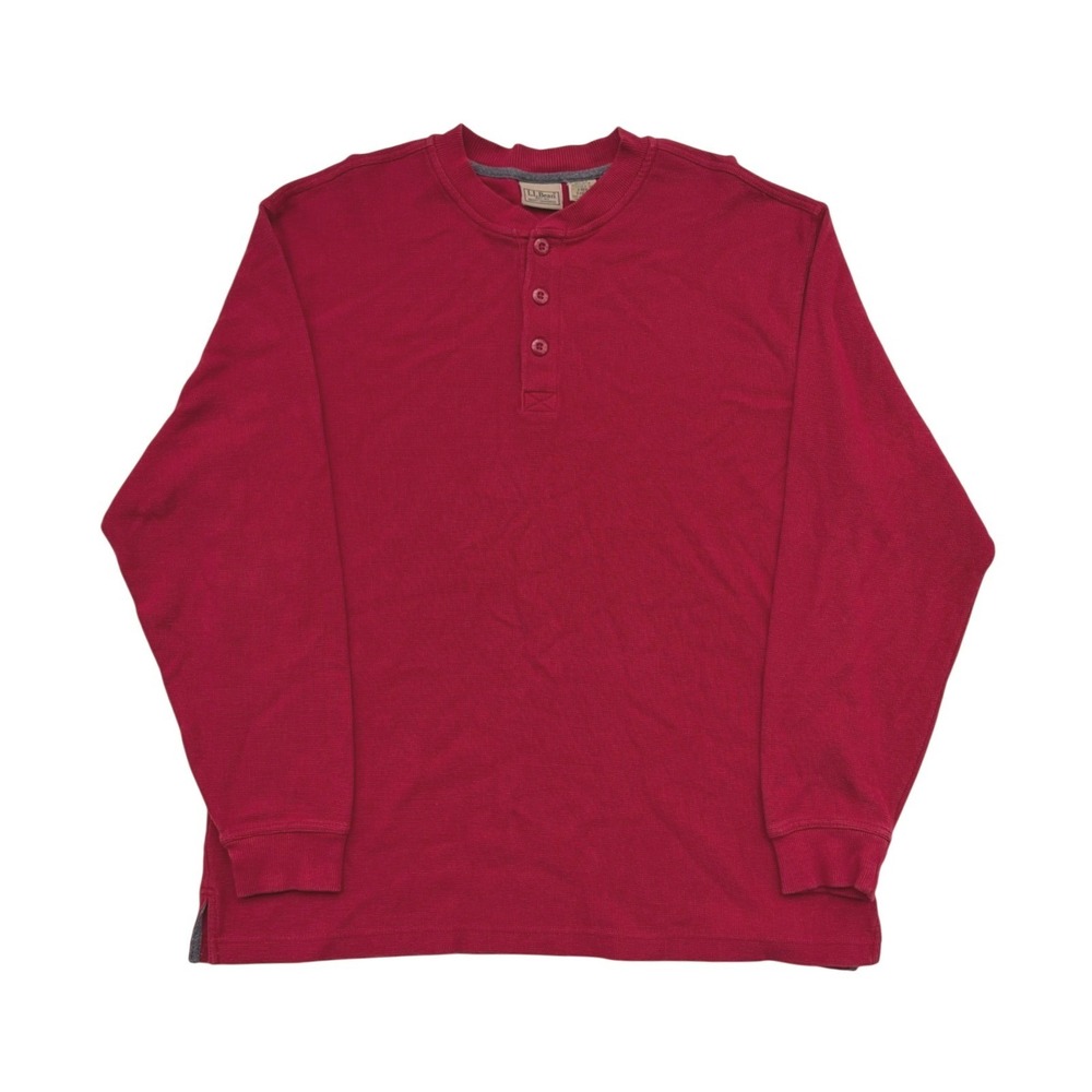 LL Bean Mens Henley Shirt Red Long Sleeve Waffle Knit Cotton L-REG 0KBZ0